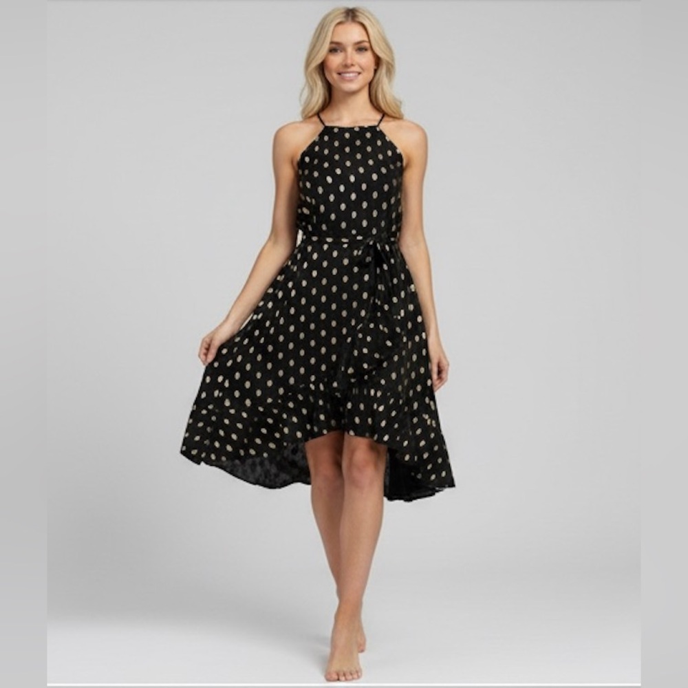 Gold Dot Ruffled High Low Halter Dress Black